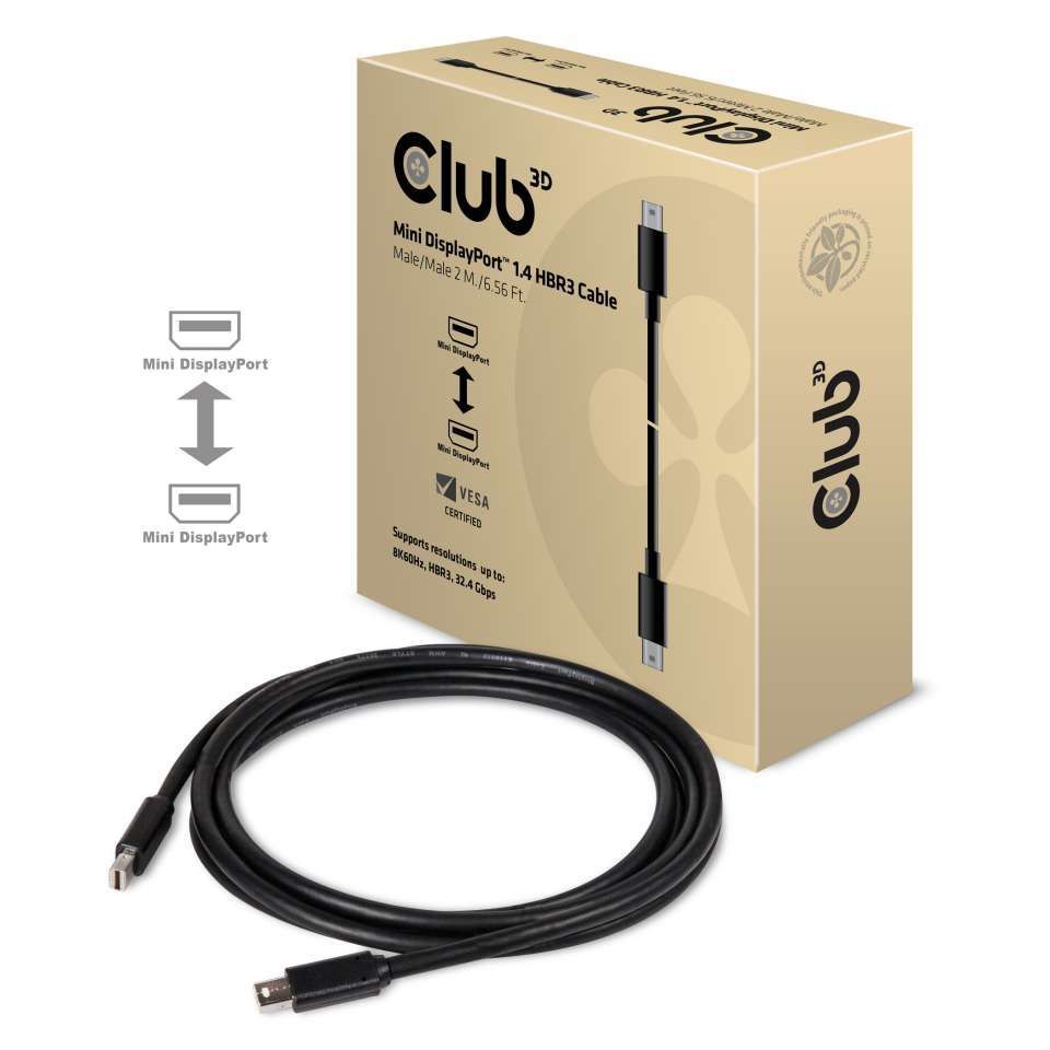 Club3D Mini DisplayPort 1.4 HBR3 Cable 2m Black