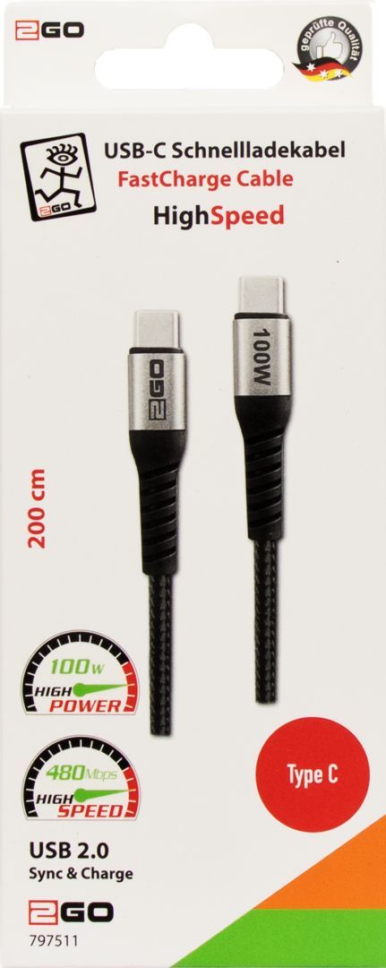 2GO HighSpeed USB-C FastCharge Cable 100W 2m Black