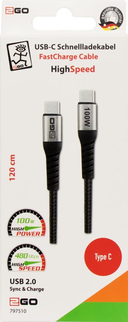 2GO HighSpeed USB-C FastCharge Cable 100W 1,2m Black