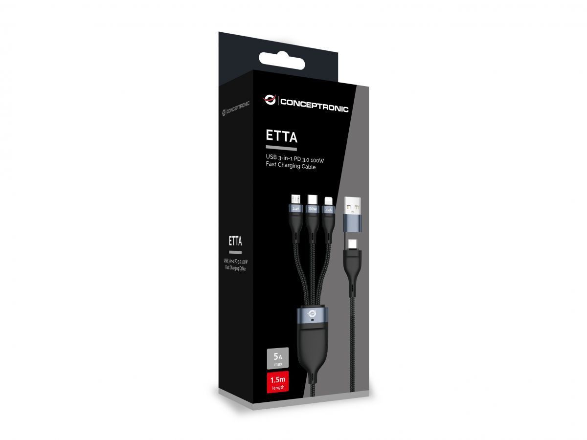 Conceptronic ETTA06B15 USB 3-in-1 PD 3.0 100W Fast Charging Cable