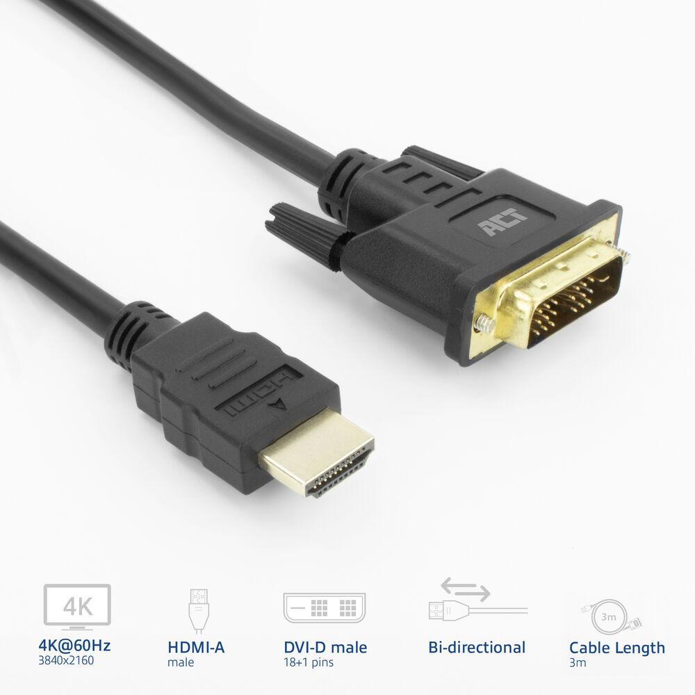 ACT HDMI-A male to DVI-D male adapter cable 3m Black ACT HDMI-A male to DVI-D male adapter cable 3m Black