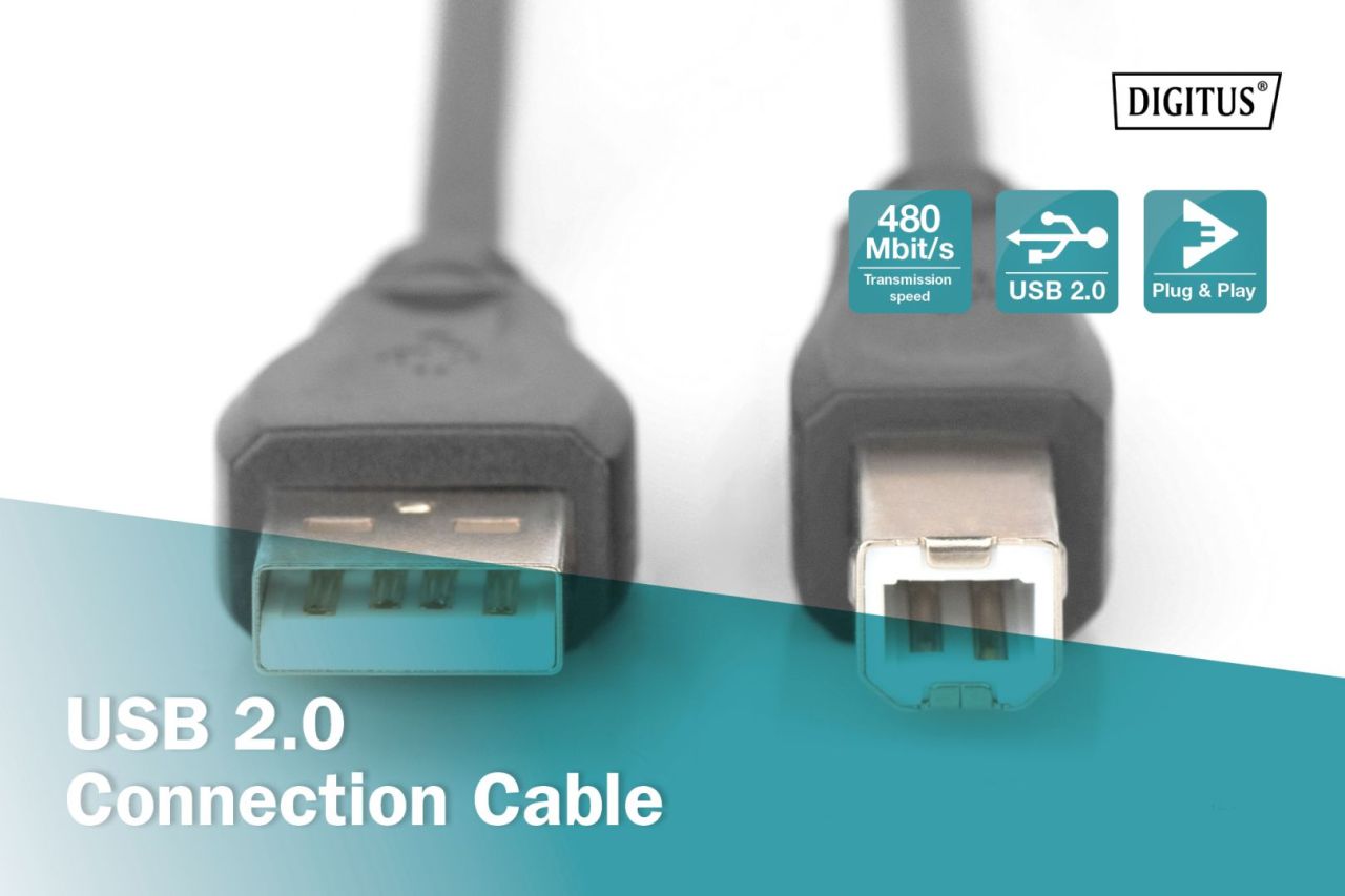 Digitus USB 2.0 connection cable, USB A to USB B 3m Black Digitus USB 2.0 connection cable, USB A to USB B 3m Black