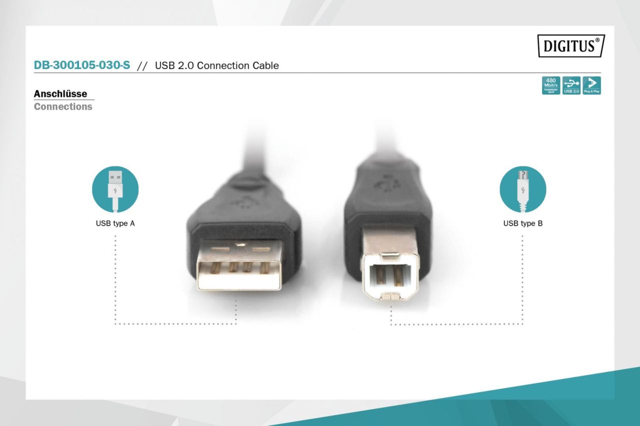 Digitus USB 2.0 connection cable, USB A to USB B 3m Black Digitus USB 2.0 connection cable, USB A to USB B 3m Black