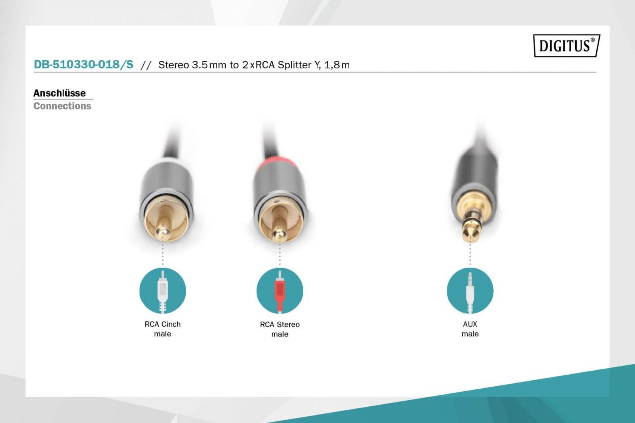 Digitus DB-510330-018-S Audio adapter cable, 3.5 mm stereo jack to RCA 1,8m Black Digitus DB-510330-018-S Audio adapter cable, 3.5 mm stereo jack to RCA 1,8m Black