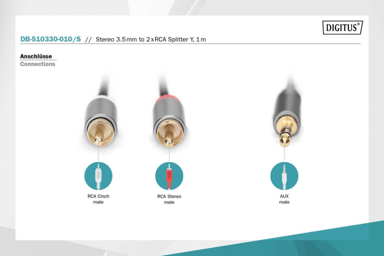 Digitus DB-510330-010-S Audio adapter cable, 3.5 mm stereo jack to RCA 1m Black Digitus DB-510330-010-S Audio adapter cable, 3.5 mm stereo jack to RCA 1m Black
