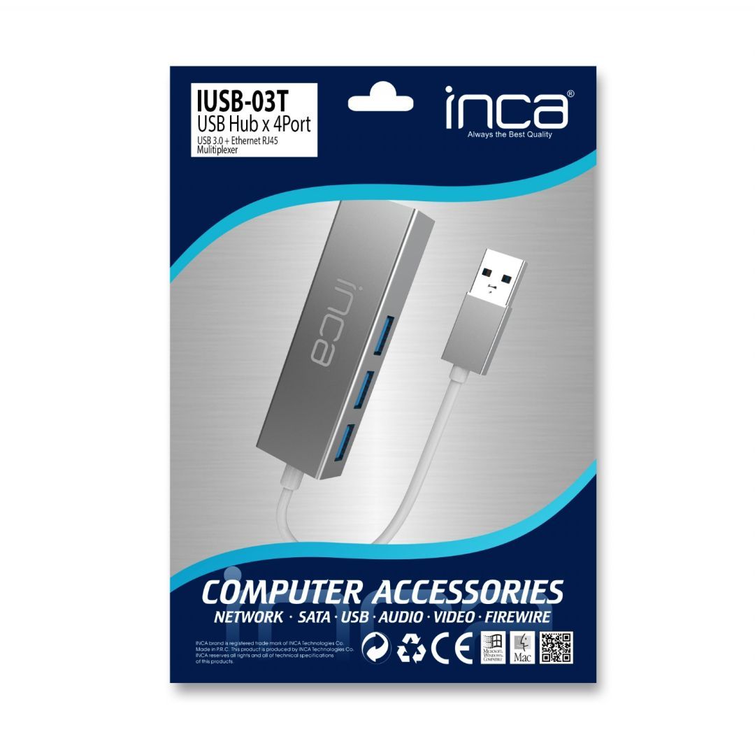 INCA IUSB-03T Hub X4 USB 3.0 + Ethernet RJ45 10/100/1000 Multiplexer Aluminium Silver