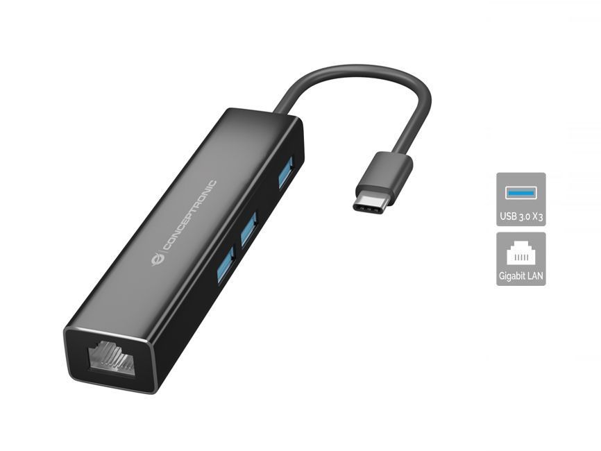 Conceptronic DONN07B Gigabit USB3.2 Gen 1 Network Adapter with USB HUB Black