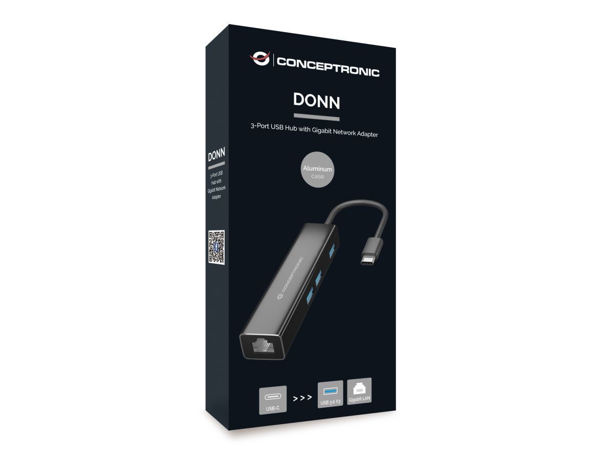 Conceptronic DONN07B Gigabit USB3.2 Gen 1 Network Adapter with USB HUB Black