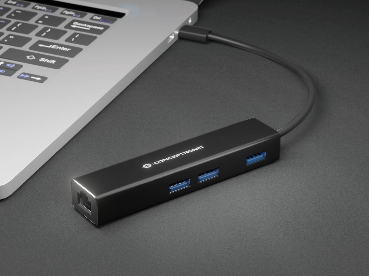 Conceptronic DONN07B Gigabit USB3.2 Gen 1 Network Adapter with USB HUB Black