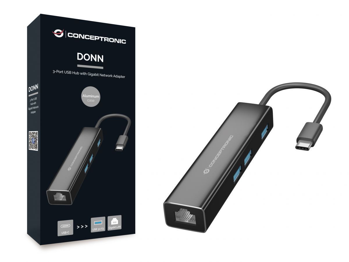 Conceptronic DONN07B Gigabit USB3.2 Gen 1 Network Adapter with USB HUB Black