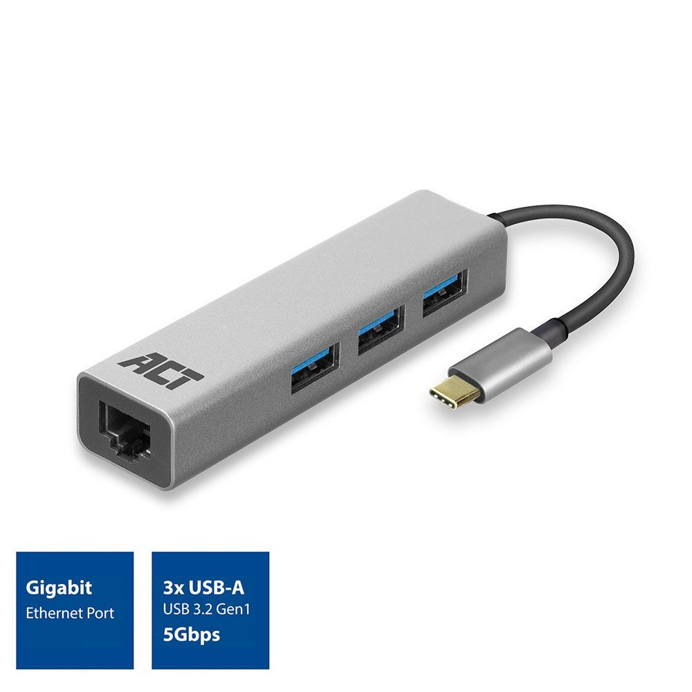 ACT AC7055 USB-C Hub 3 port with Gigabyte Ethernet Grey ACT AC7055 USB-C Hub 3 port with Gigabyte Ethernet Grey