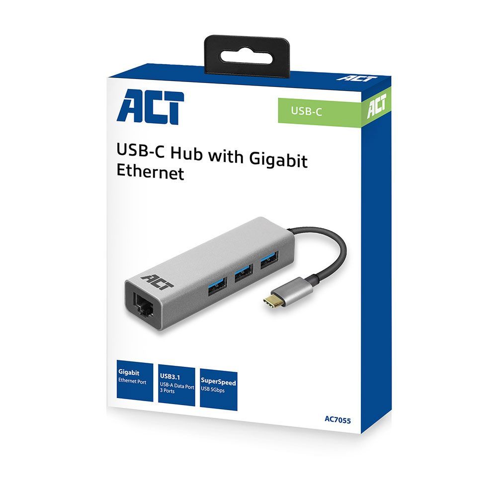 ACT AC7055 USB-C Hub 3 port with Gigabyte Ethernet Grey ACT AC7055 USB-C Hub 3 port with Gigabyte Ethernet Grey