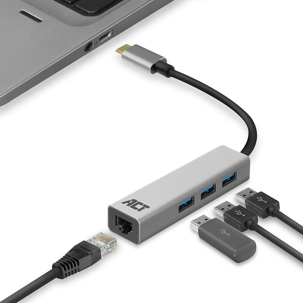 ACT AC7055 USB-C Hub 3 port with Gigabyte Ethernet Grey ACT AC7055 USB-C Hub 3 port with Gigabyte Ethernet Grey