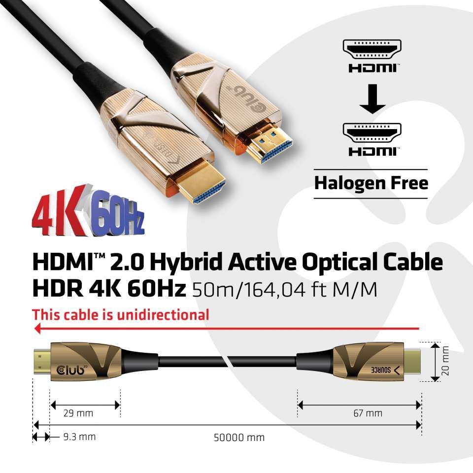 Club3D HDMI 2.0 UHD Active Optical Cable HDR 4K 60Hz M/M 50m Black