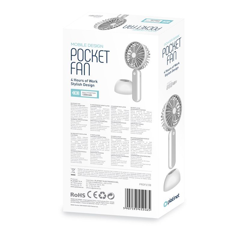 Platinet 2in1 Rechargeable Desk Fan with PowerBank 1200mAh White/Grey