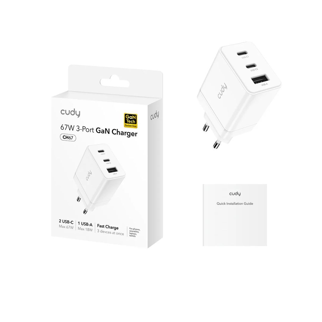 Cudy 67W 3-Port GaN Charger with EU Plug White