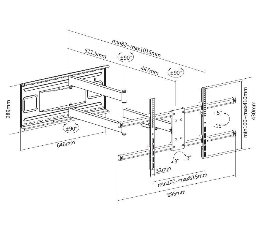 EQuip 43"-80" Long Arm Full Motion TV Wall Mount Bracket Black