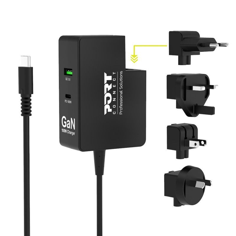 Port Designs GaN 100W International Travel Wall Charger USB-C & USB-A Black