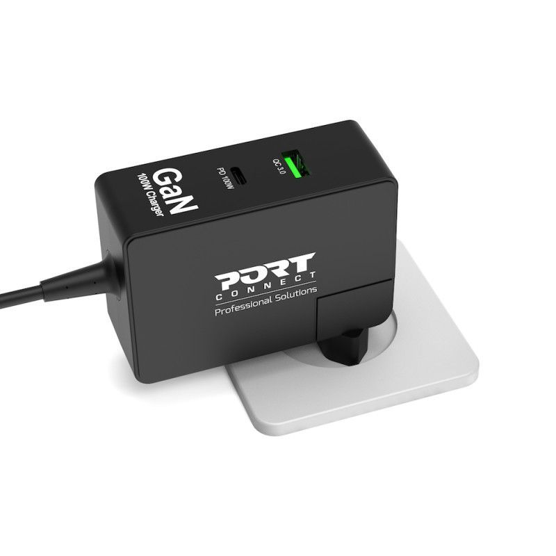 Port Designs GaN 100W International Travel Wall Charger USB-C & USB-A Black