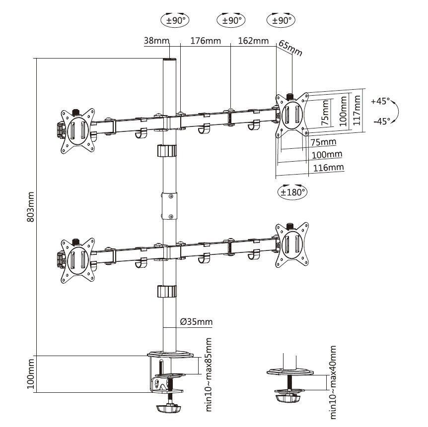 EQuip 17"-32" Articulating Quad Monitor Desk Mount Bracket Black