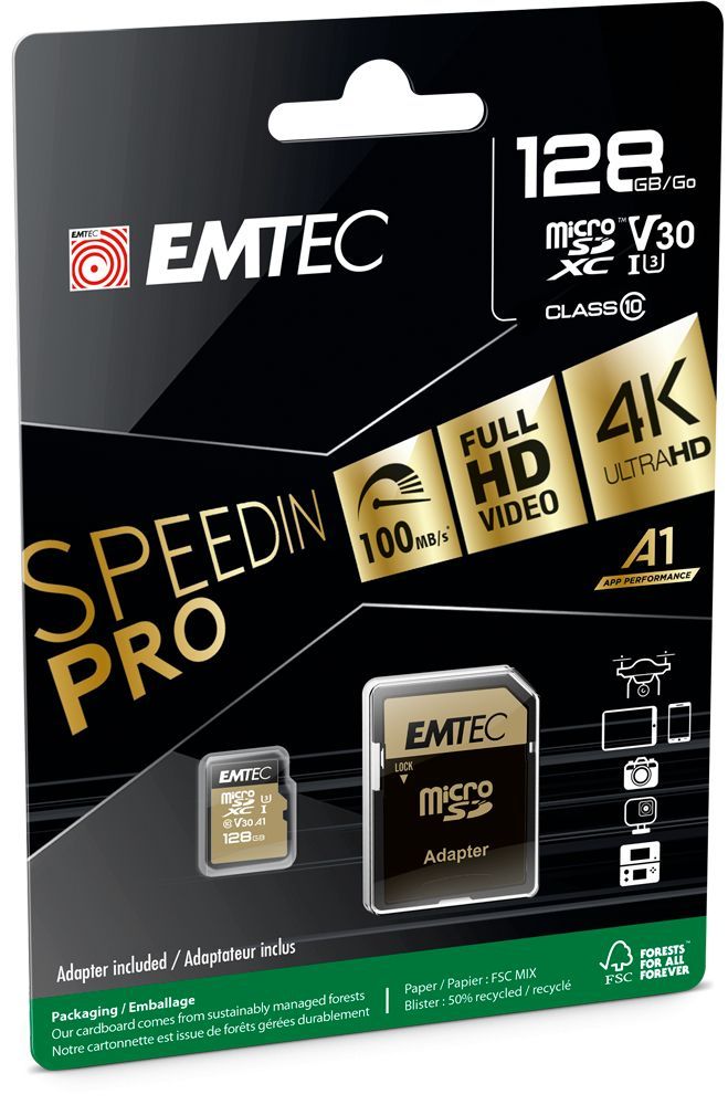 Emtec 128GB microSDXC SpeedIN Pro Class 10 U3 A1 + adapterrel