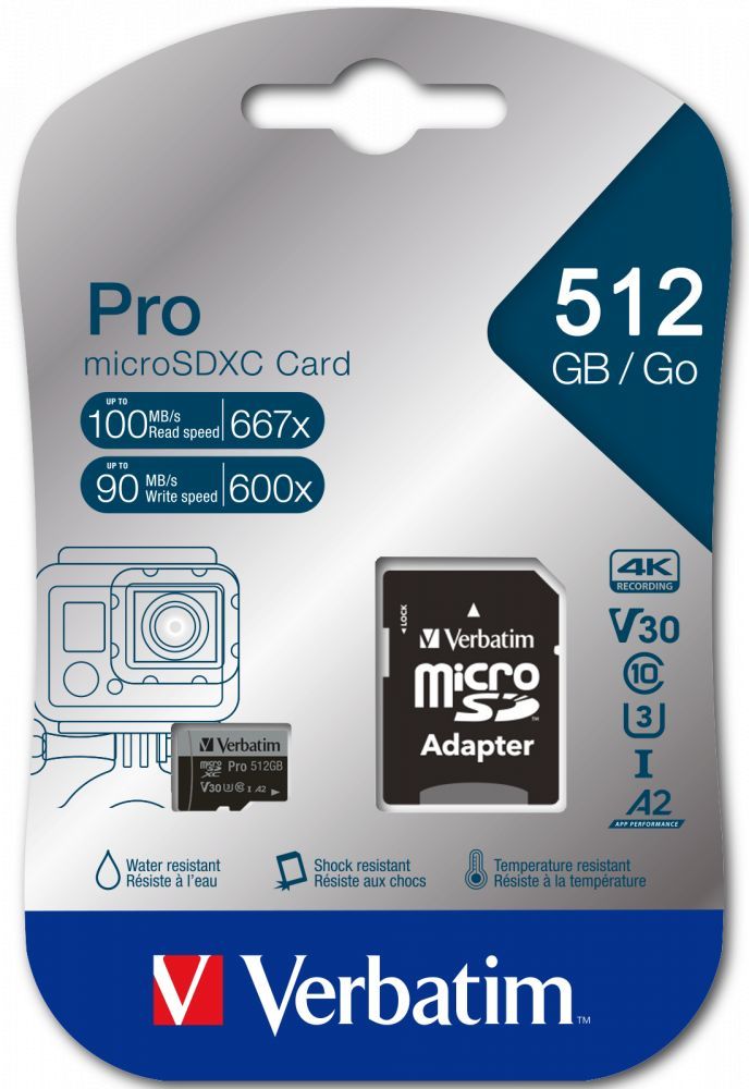 Verbatim 512GB microSDXC Pro Class 10 U3 V30 A2 + adapterrel