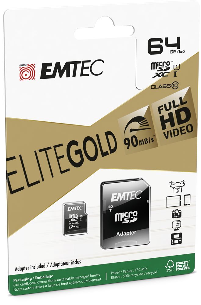 Emtec 64GB microSDXC Elite Gold Class 10 UHS-I U1 + adapterrel