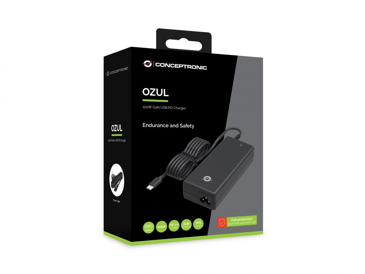 Conceptronic OZUL03BE 100W GaN Desktop USB PD Charger with AC power cable Black