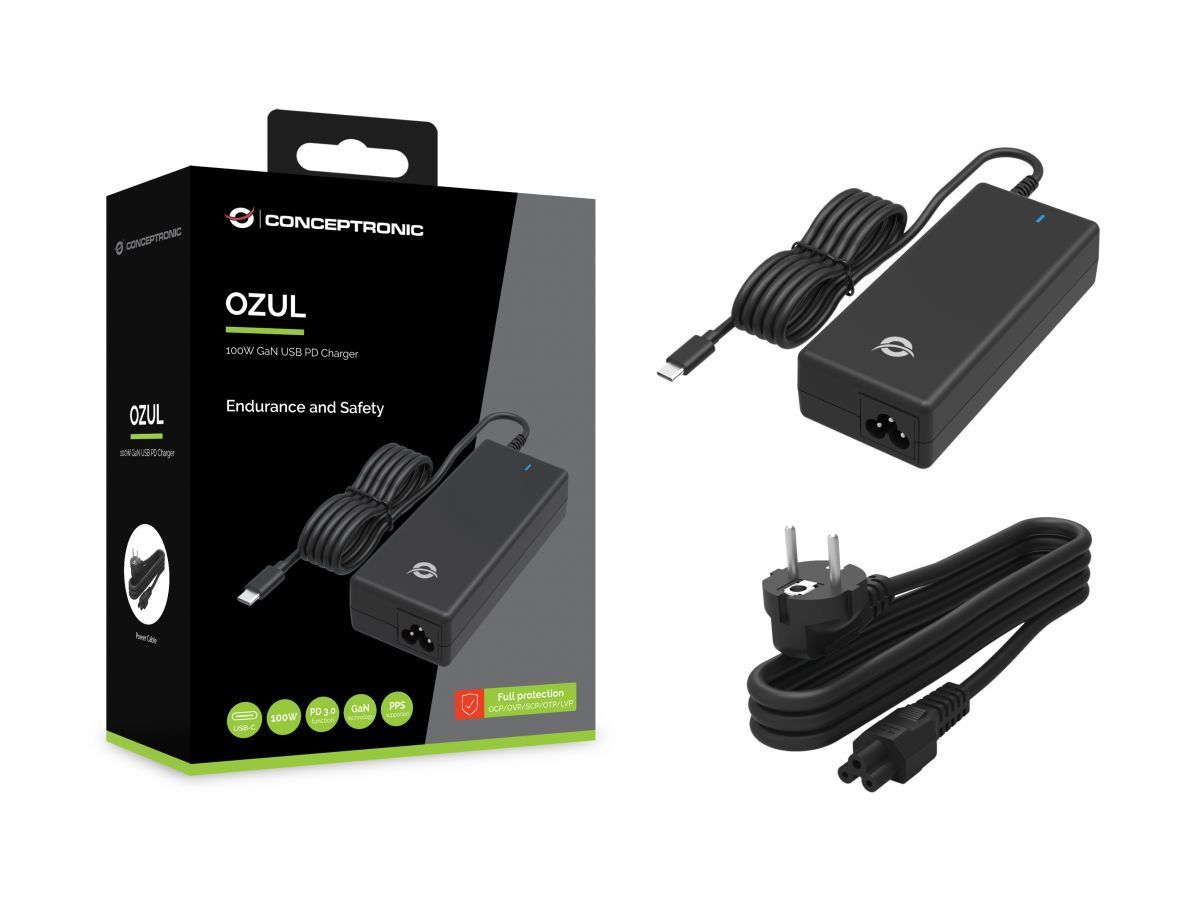 Conceptronic OZUL03BE 100W GaN Desktop USB PD Charger with AC power cable Black