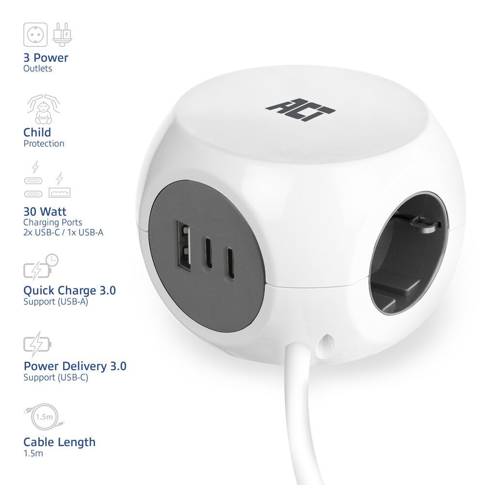 ACT Power Strip Cube F Socket Hálózati Elosztó 3DIN 1,5m White ACT Power Strip Cube F Socket Hálózati Elosztó 3DIN 1,5m White
