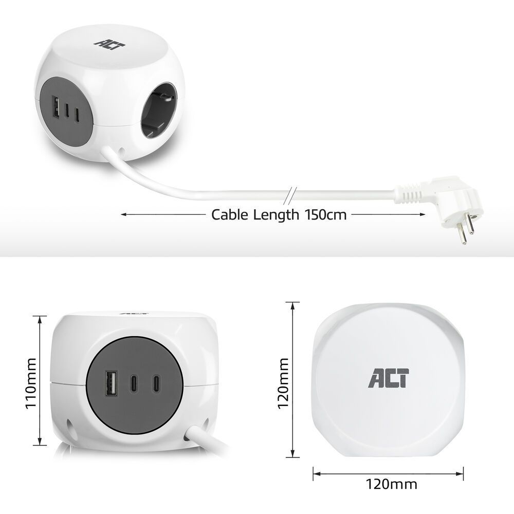 ACT Power Strip Cube F Socket Hálózati Elosztó 3DIN 1,5m White ACT Power Strip Cube F Socket Hálózati Elosztó 3DIN 1,5m White