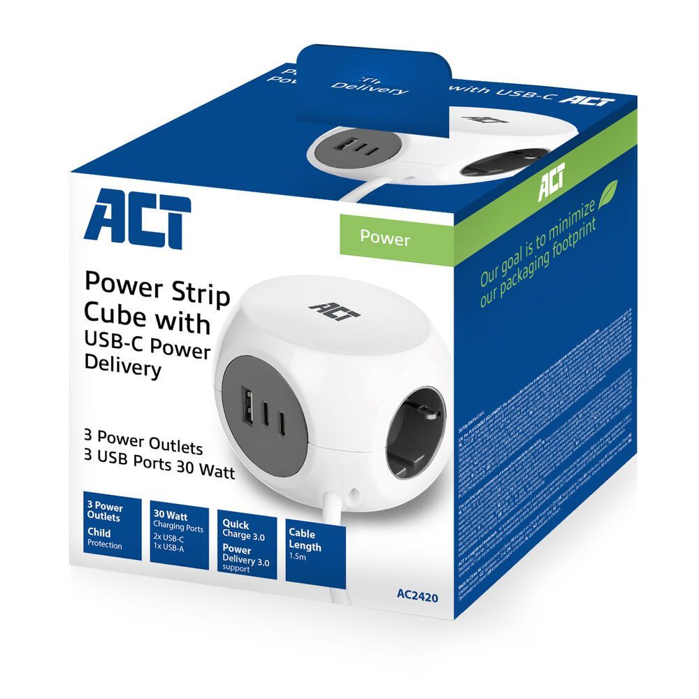 ACT Power Strip Cube F Socket Hálózati Elosztó 3DIN 1,5m White ACT Power Strip Cube F Socket Hálózati Elosztó 3DIN 1,5m White