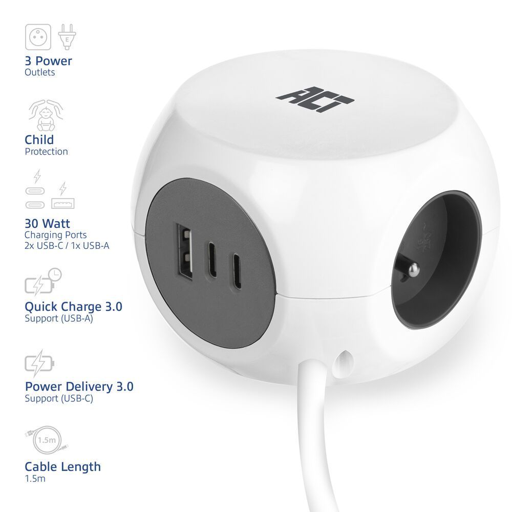ACT Power Strip Cube E Socket Hálózati Elosztó 3DIN 1,5m White ACT Power Strip Cube E Socket Hálózati Elosztó 3DIN 1,5m White