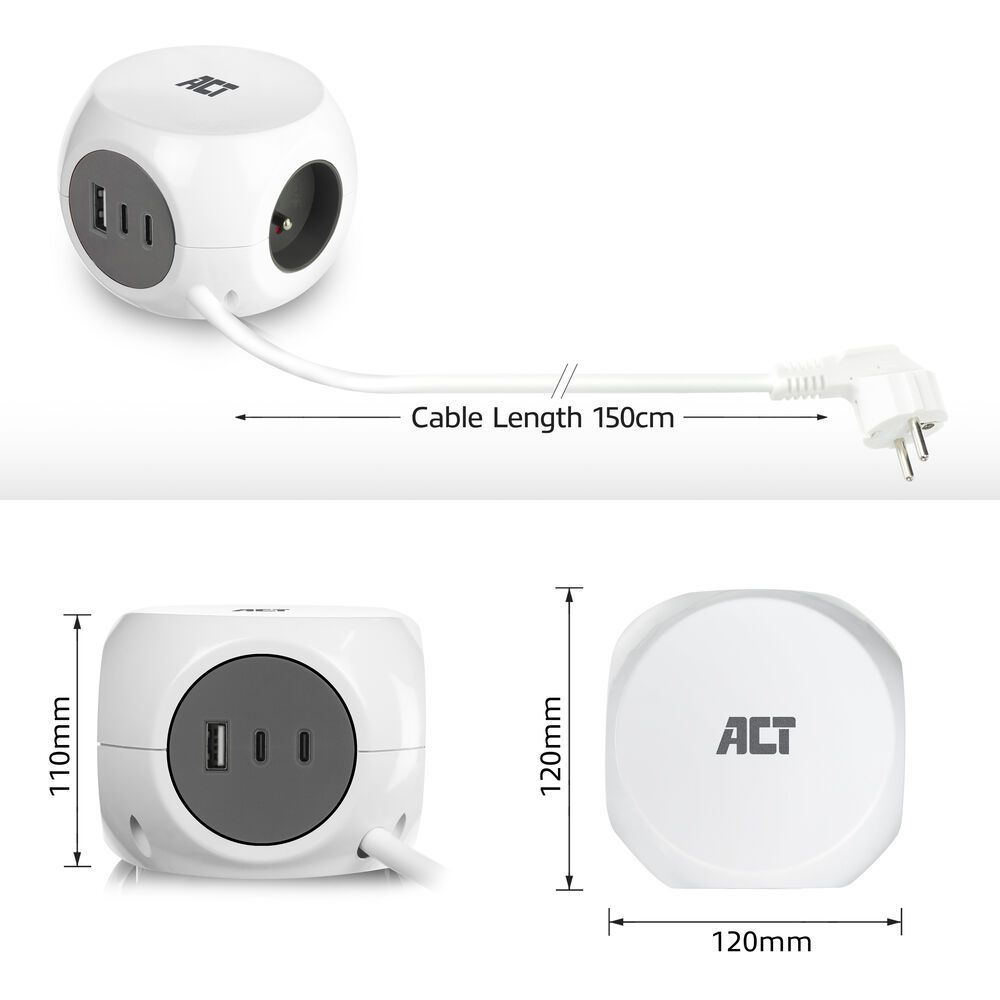 ACT Power Strip Cube E Socket Hálózati Elosztó 3DIN 1,5m White ACT Power Strip Cube E Socket Hálózati Elosztó 3DIN 1,5m White