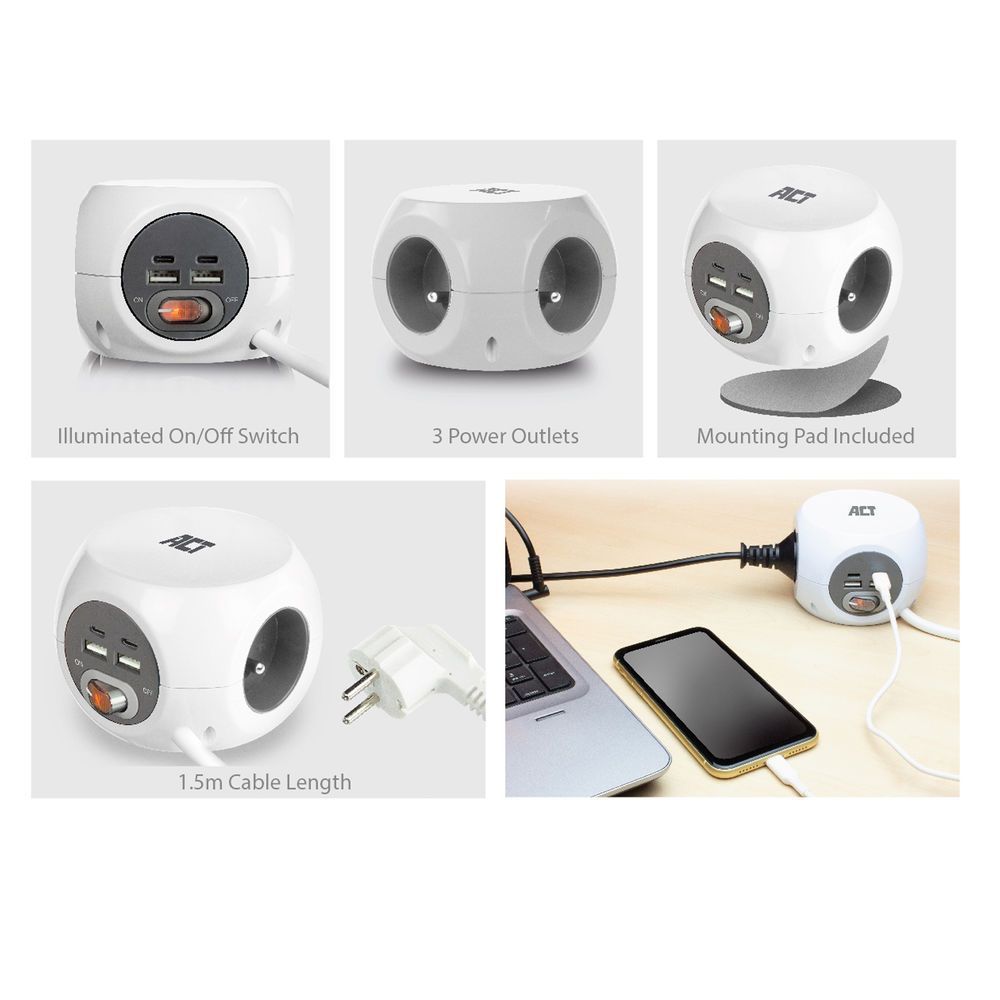 ACT Power Strip Cube E Socket Hálózati Elosztó Kapcsolóval 3DIN 1,5m White