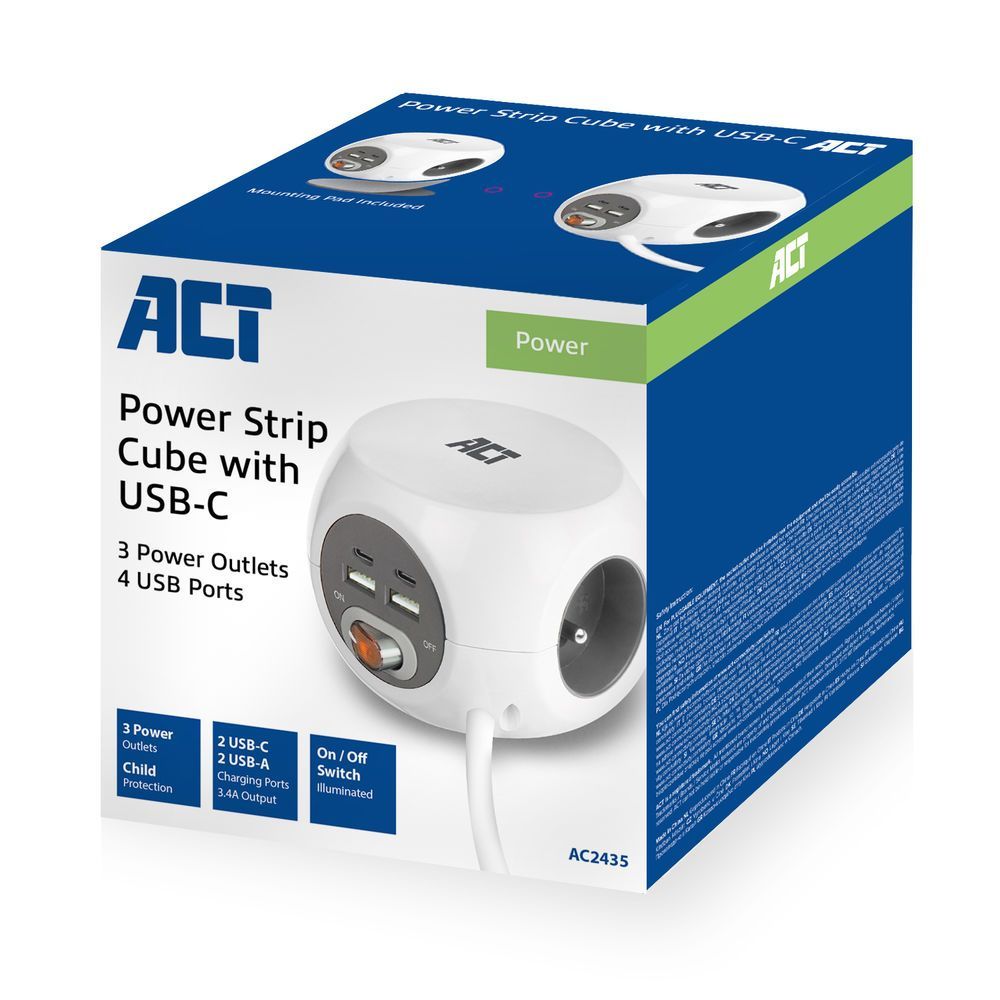 ACT Power Strip Cube E Socket Hálózati Elosztó Kapcsolóval 3DIN 1,5m White