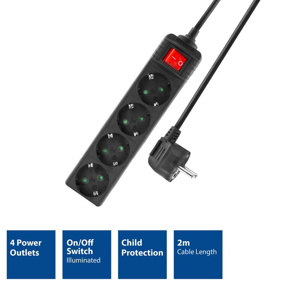 ACT Power Strip with Illuminated Switch Hálózati Elosztó Kapcsolóval 4DIN 2m Black