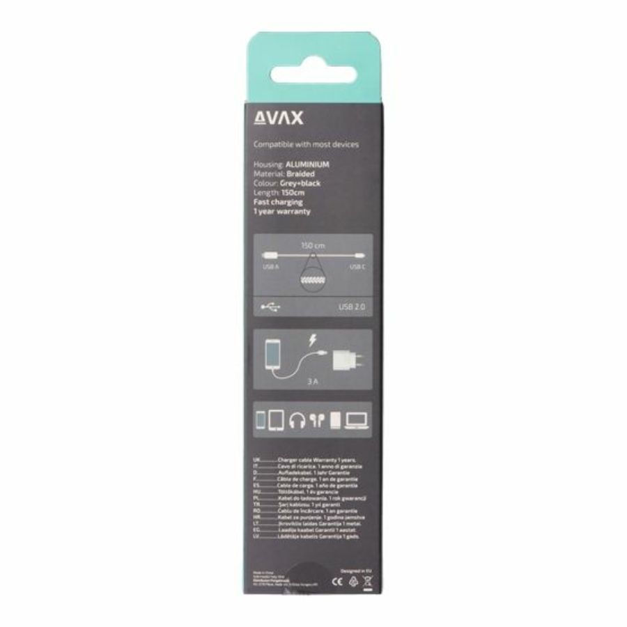 Avax USB-A to Type-C cable 1,5m Black/Grey