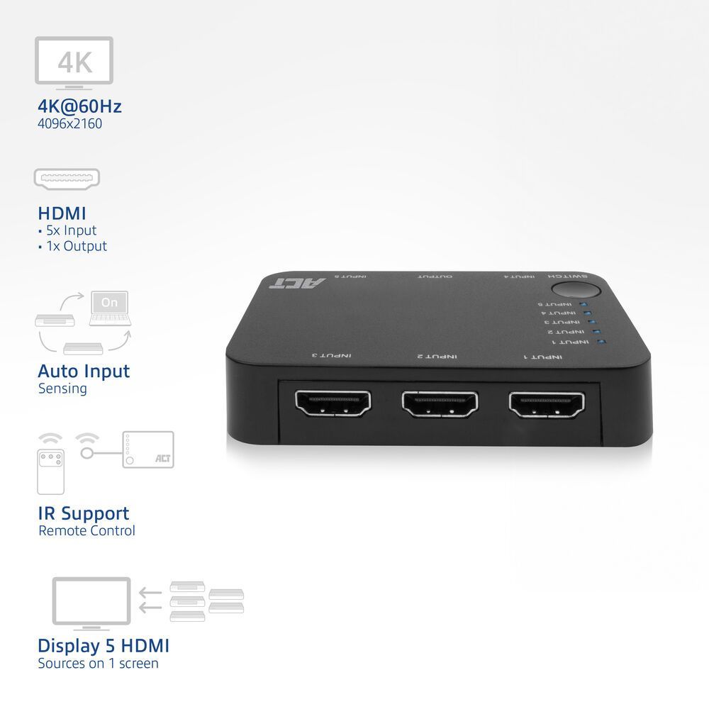 ACT AC7841 4K HDMI Switch 5 in 1 out ACT AC7841 4K HDMI Switch 5 in 1 out