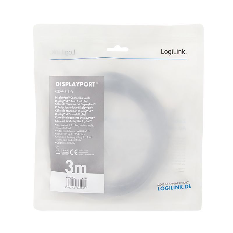 Logilink DisplayPort cable DP/M to DP/M 8K/60 Hz 3m Black/Grey