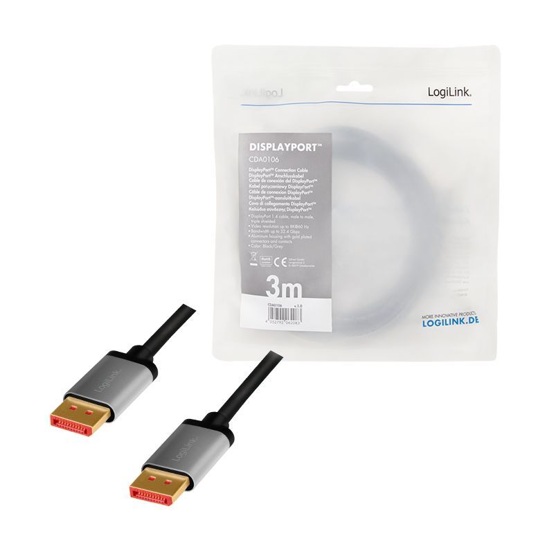 Logilink DisplayPort cable DP/M to DP/M 8K/60 Hz 3m Black/Grey