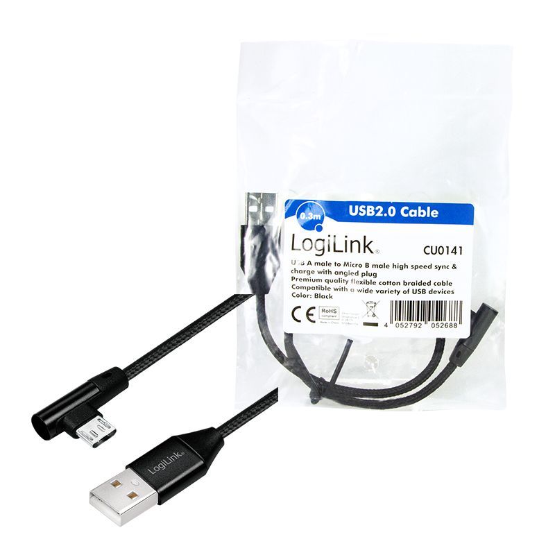 Logilink USB 2.0 cable, USB-A/M to Micro-USB/M (90°) 0,3m Black