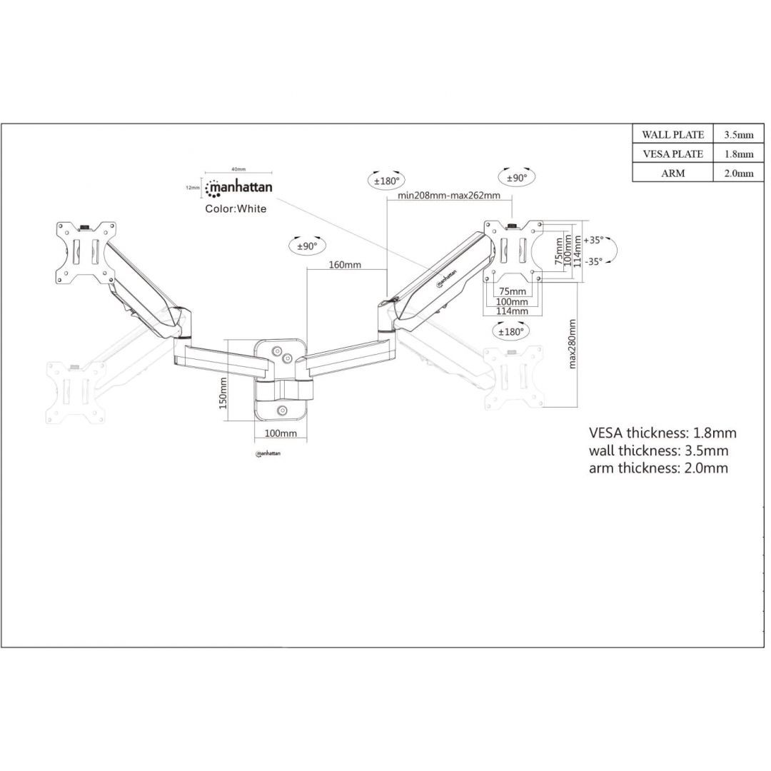 Manhattan Universal Gas Spring Dual Monitor Wall Mount Black