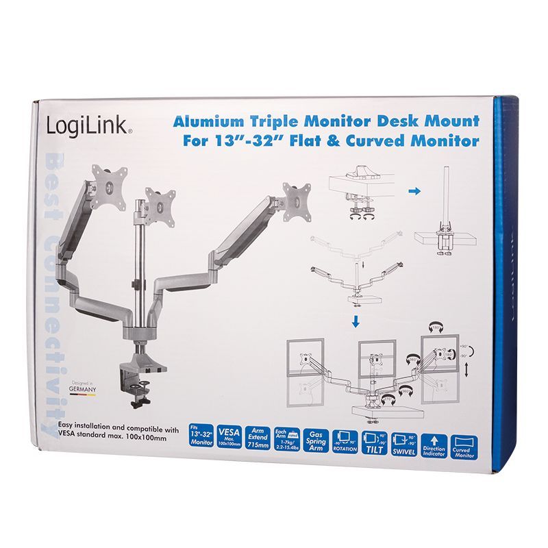 Logilink BP0052 Triple Alumium Monitor Desk Mount Tilt Silver