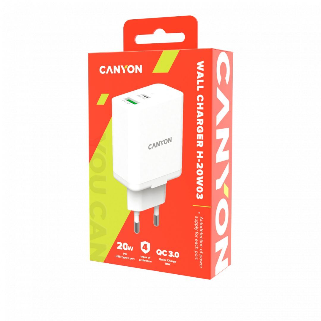 Canyon CNE-CHA20W03 Wall Charger PD 20W + QC 3.0 18W White