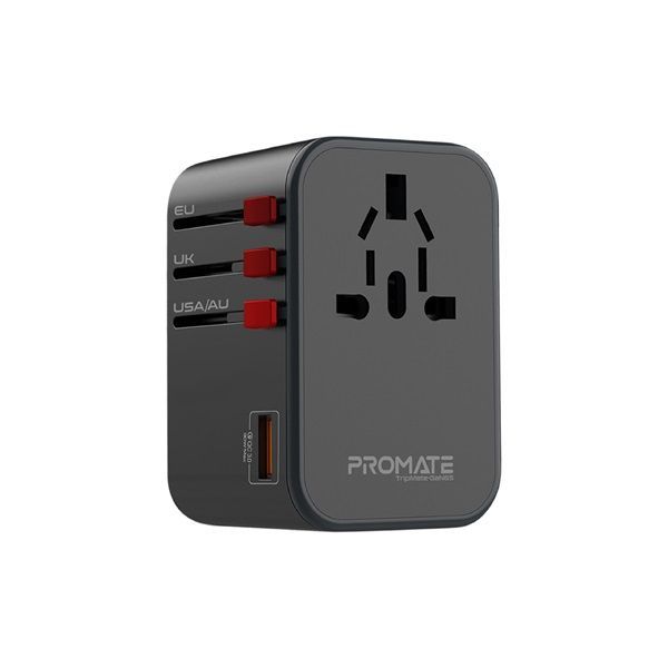 Promate TripMate GaN65 65W Power Delivery GaNFast Travel Adapter Black