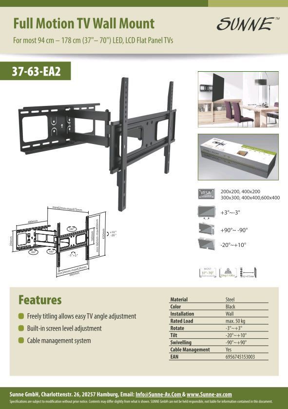 Sunne 37-63-EA2 37"-63" Wall Mount Black