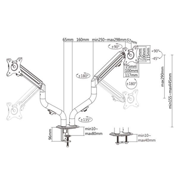 Gembird MA-DA2-02 Adjustable Tilting Desk 2-Display Mounting Arm 17”-32” Black