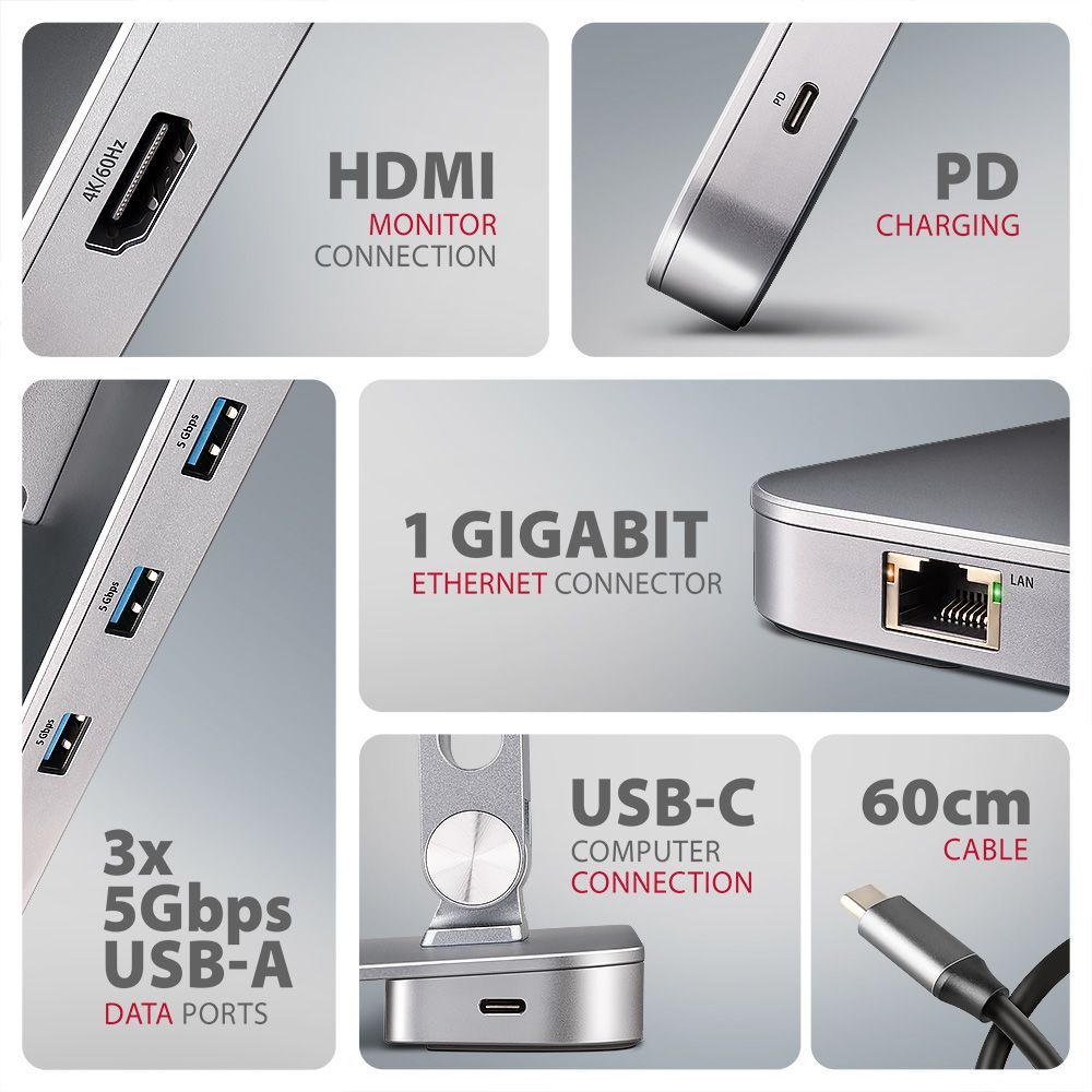 AXAGON HMC-STND USB-C 5Gbps Aluminium Stand & HUB 7in1 Silver