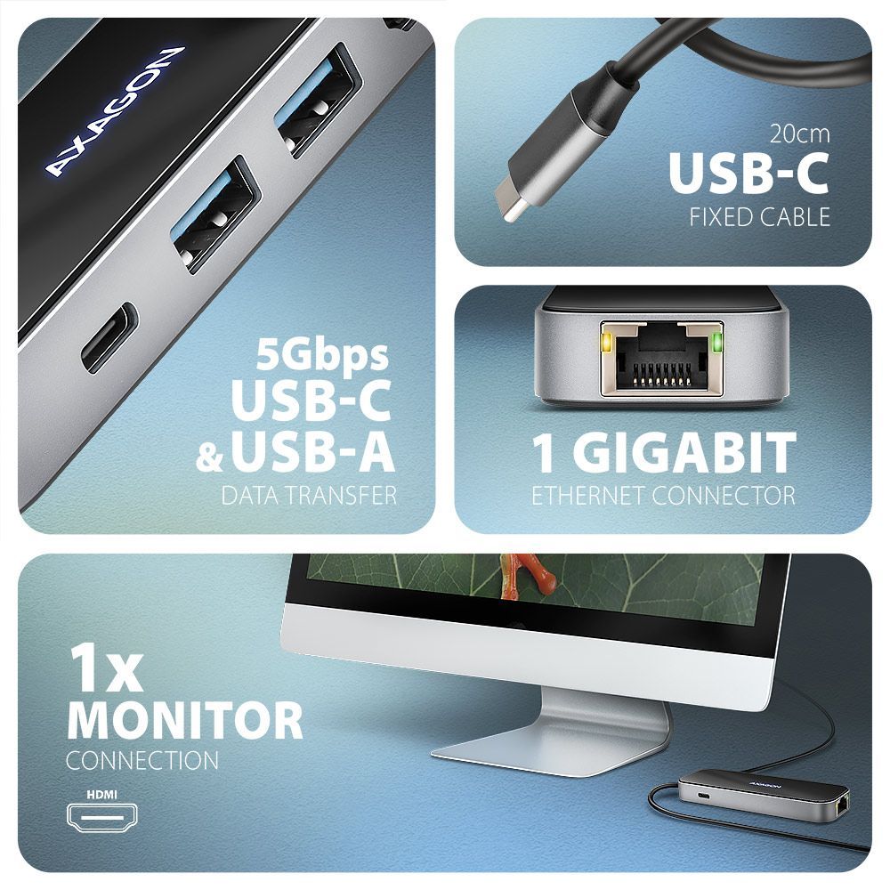 AXAGON HMC-6GLN USB-C 5Gbps Glass 6in1 hub Black